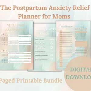 Op de afbeelding: Een digitale printbare bundel voor het verlichten van postpartum angst. De bundel bevat een zelfzorgbeoordeling, ademhalingsoefeningen en een dagelijkse planner. De pagina's zijn versierd met zachte roze en blauwe aquarelontwerpen. De tekst "9-Paged Printable Bundle" en "DIGITAL DOWNLOAD" wordt weergegeven op de afbeelding.
