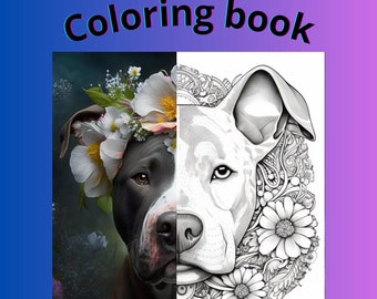 Pitbulls and flowers coloring book adults digital file