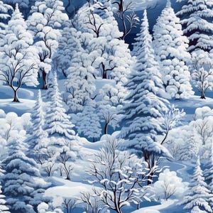 May include: A repeating pattern illustration of a dense winter forest landscape. The scene features various evergreen and deciduous trees heavily covered in white snow against a deep blue background, creating a cold, wintry atmosphere.