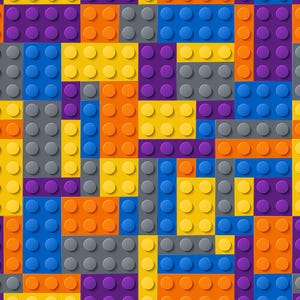 May include: A repeating pattern of interlocking plastic building bricks in vibrant shades of purple, orange, grey, blue, and yellow. Each rectangular brick features a grid of circular studs on the top surface, creating a textured, geometric design.