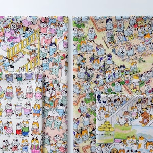 Cat Family Fabric Cute Cat Fabric Kawaii Cat Fabric 100% Cotton Fabric Cartoon Fabric Fabric By The Half Yard