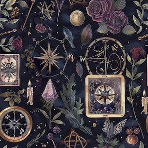 May include: A dark fabric pattern featuring gold compasses, purple roses, lit candles, and geometric star symbols. The design includes rectangular cards with navigational illustrations, botanical elements, and small berries scattered across a deep navy background.