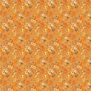 May include: A repeating pattern on a mustard yellow background featuring delicate botanical illustrations of small white, yellow, and pale pink flowers with thin brown stems, green leaves, and clusters of tiny red berries scattered throughout.