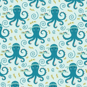 Cartoon Octopus Fabric, 1/2 Yard Minimum, 100% Cotton Fabric, Cartoon Fabric, Nautical Sea Creature Fabric