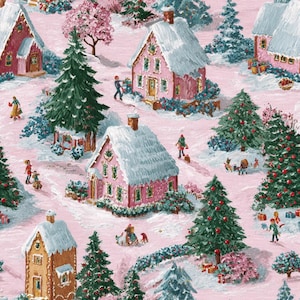 Peut inclure: Un tissu à motif répétitif représentant un village d'hiver avec des maisons roses couvertes de neige, de grands sapins verts et de petits personnages se promenant dans le paysage. Le design inclut des toits enneigés et des arbres festifs.