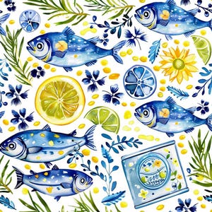 May include: A repeating pattern featuring blue fish, yellow lemon slices, green lime wedges, yellow sunflowers, and green herbs on a white background. A rectangular container with a circular label is also visible among the scattered elements.
