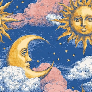 May include: A repeating pattern featuring yellow suns with human faces and a yellow crescent moon with a human face set against a deep blue sky. The design includes pinkish-toned clouds and small yellow stars, rendered in a detailed line art style.