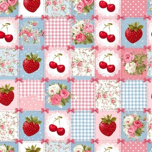 May include: A fabric pattern featuring a grid of squares separated by small pink bows. The squares contain alternating designs of red strawberries, pairs of red cherries on white doilies, pink and white gingham, and bouquets of pink roses.
