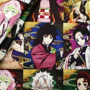 May include: Fabric featuring colorful anime character illustrations. The design includes various characters in a grid pattern, with vibrant colors and detailed artwork. The fabric appears to be a cotton or similar material.