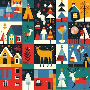 Peut inclure: Une illustration graphique en grille présentant des scènes d'hiver stylisées avec des maisons géométriques, des sapins, des cerfs et des motifs circulaires dans une palette vibrante de rouge, jaune, bleu, sarcelle, noir et blanc avec des détails texturés.