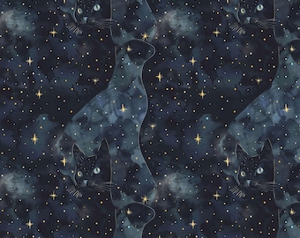 May include: A repeating pattern featuring black cat silhouettes against a dark blue watercolor background. The design includes golden stars and a celestial, starry night theme. The cats have green eyes and white whiskers.
