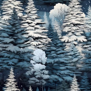 Peut inclure: Un motif répétitif représentant une forêt dense de conifères recouverts d'une épaisse neige blanche sur un ciel nocturne bleu marine foncé. L'illustration montre divers sapins avec des textures d'aiguilles détaillées et des branches enneigées.