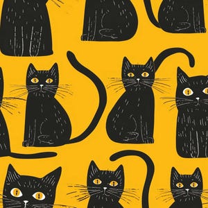 May include: A repeating pattern of black cats on a yellow background. The cats are stylized with yellow eyes and whiskers. Some cats are sitting, while others have their tails curved.