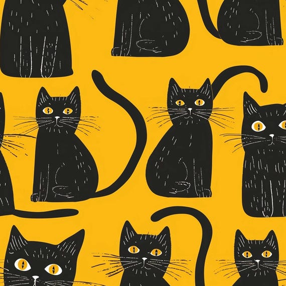 Retro Black Cat Fabric, 1/2 Yard Minimum, 100% Cotton Fabric, Cartoon Fabric