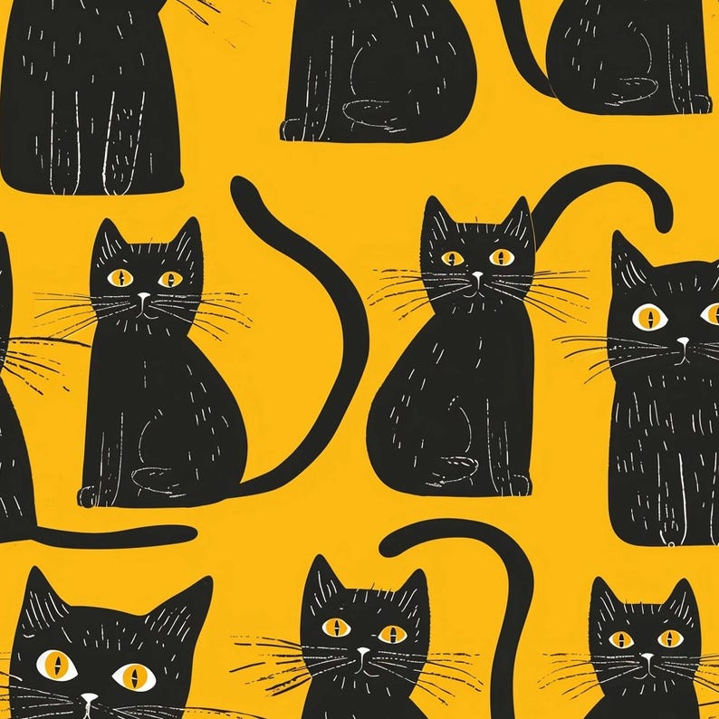 May include: A repeating pattern of black cats on a yellow background. The cats are stylized with yellow eyes and whiskers. Some cats are sitting, while others have their tails curved.