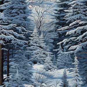 Puede incluir: Una ilustración de patrón repetitivo de un denso bosque invernal con altos árboles de hoja perenne cargados de nieve blanca. La escena está representada en tonos azul marino profundo, azul pizarra y blanco, mostrando un paisaje boscoso nevado.
