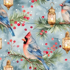 May include: A repeating pattern featuring blue and red birds perched on pine branches with bright red berries and glowing gold lanterns. The background is a soft, muted blue with white specks resembling falling snow throughout the design.
