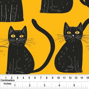 May include: Black cat pattern fabric with a repeating design of stylized black cats on a yellow background. The cats have yellow eyes and long whiskers. The fabric is measured in inches and centimeters.