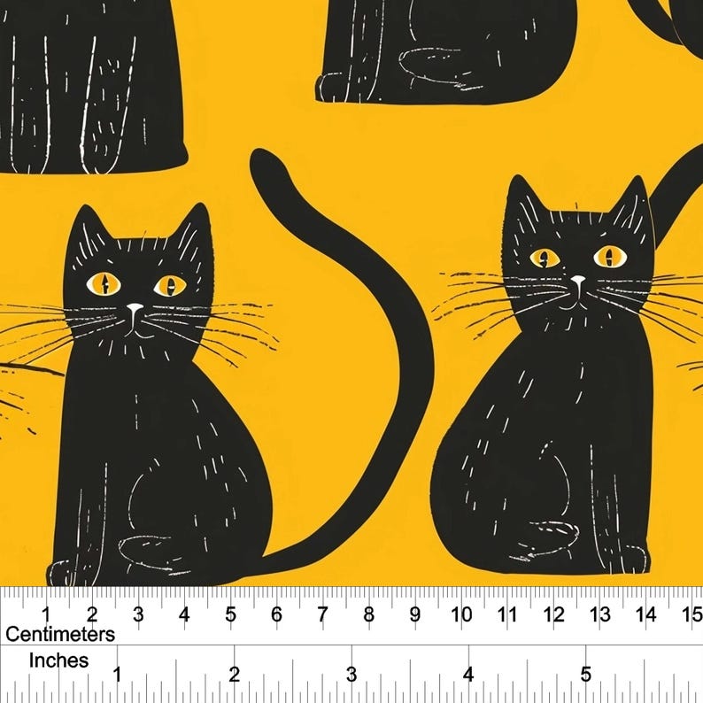 May include: Black cat pattern fabric with a repeating design of stylized black cats on a yellow background. The cats have yellow eyes and long whiskers. The fabric is measured in inches and centimeters.