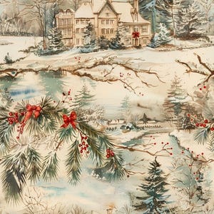 May include: A patterned fabric featuring a winter landscape with a large multi-story house, snow-covered pine trees, and a frozen stream. The design includes detailed evergreen branches adorned with bright red berries and small red bows.