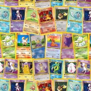 May include: A collection of various colourful Pokémon trading cards featuring illustrations of characters like Charizard, Pikachu, Mewtwo, and Eevee, arranged in a dense grid pattern with visible text, attack stats, and character names.