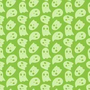 Pode incluir: Um padrão repetitivo com formas de fantasmas em verde claro dispostas em filas desencontradas sobre um fundo verde-limão vibrante. Cada figura de fantasma possui dois olhos circulares e uma cabeça arredondada, criando um design gráfico.