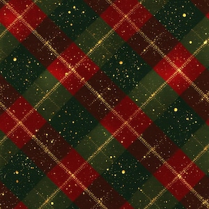 Può includere: Un motivo in tessuto caratterizzato da un design a quadri diagonali in rosso intenso e verde bosco scuro. Le linee che si intersecano sono accentuate da sottili granelli di glitter dorato scintillante sparsi su tutta la superficie.