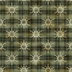 Può includere: Un motivo ripetitivo con illustrazioni di fiocchi di neve complessi color bianco sporco su uno sfondo a quadri verde oliva scuro e nero. Il design include sottili linee a griglia chiare che si intersecano sulla superficie del tessuto.