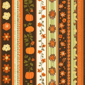 May include: A vertical fabric pattern featuring repeating stripes of various widths. The design includes bands of orange pumpkins on vines, rows of orange and cream flowers, green and cream vertical stripes, and orange dotted textures.