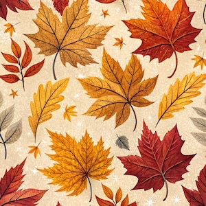 May include: A seamless pattern featuring a variety of autumn leaves in shades of orange, red, yellow, and brown. The design includes maple leaves and smaller foliage scattered across a light beige background with subtle white speckles throughout.