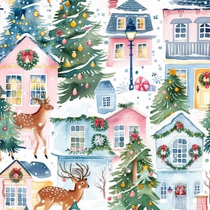 Könnte beinhalten: Ein nahtloses Muster mit einer winterlichen Dorfszene, rosa und blauen Häusern, geschmückten Weihnachtsbäumen mit gelben und rosa Kugeln sowie braunen Hirschen. Das Design zeigt schneebedeckte Dächer, Kränze und eine Straßenlaterne auf weißem Grund.