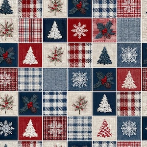 Könnte beinhalten: Ein Stoffmuster mit einem Raster aus Quadraten mit verschiedenen weihnachtlichen Motiven, darunter weiß gestickte Weihnachtsbäume, rote und weiße Schneeflocken, Stechpalmenzweige mit roten Beeren sowie rot-weiß-blaue Karomuster.