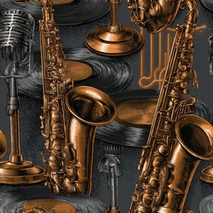 Peut inclure: Un motif répétitif composé de saxophones couleur cuivre, de microphones vintage sur pied et de disques vinyles noirs sur un fond gris foncé. L'illustration utilise un travail de lignes détaillé pour souligner la texture métallique.