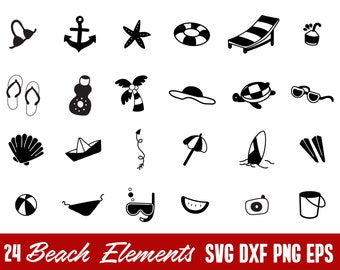 May include: A set of 24 black and white beach-themed SVG, DXF, PNG, and EPS vector graphics. The graphics include a swimsuit, anchor, starfish, life preserver, lounge chair, water fountain, flip flops, a bottle, palm tree, hat, turtle, sunglasses, seashell, paper boat, a wavy line, umbrella, surfboard, three sticks, a beach ball, hammock, scuba mask, watermelon, camera, and a bucket.