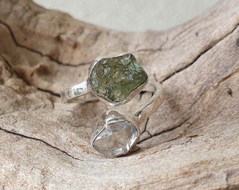 Certified Moldavite Herkimer Rough Ring, 925 Solid Sterling Silver, Handmade Jewelry, Promise Ring, Adjustable Ring