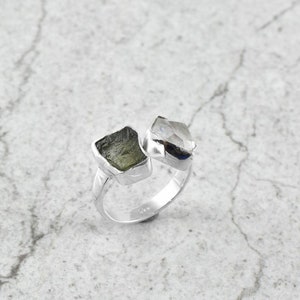 Authentic Czech Republic Moldavite Rough and Herkimer Diamond Gemstone 925 Solid Sterling Silver Handmade Ring Jewelry image 1