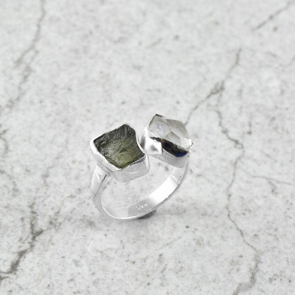 Authentic Czech Republic Moldavite Rough and Herkimer Diamond Gemstone 925 Solid Sterling Silver Handmade Ring Jewelry