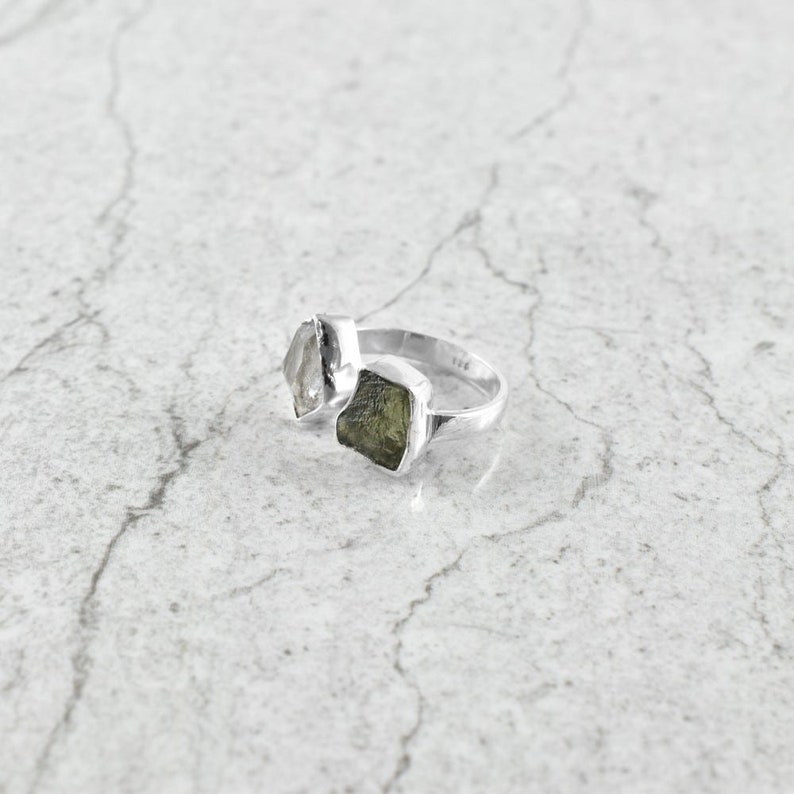 Authentic Czech Republic Moldavite Rough and Herkimer Diamond Gemstone 925 Solid Sterling Silver Handmade Ring Jewelry image 4