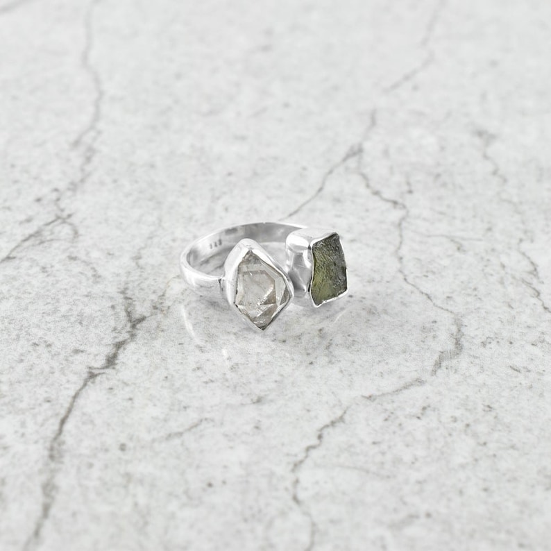 Authentic Czech Republic Moldavite Rough and Herkimer Diamond Gemstone 925 Solid Sterling Silver Handmade Ring Jewelry image 3