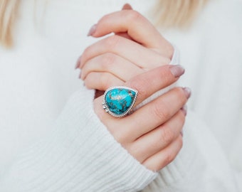 Blue Copper Turquoise Ring, Turquoise Ring, Sterling Silver Ring, Bohemian Ring, Turquoise Ring, Statement Ring, Ring for Women,Promise Ring