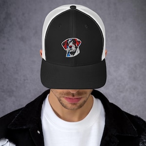 Patriotic Dog Embroidered Trucker Hat  Black & White Mesh Cap , Adjustable Snapback for Men and Women , American Flag Dog Design
