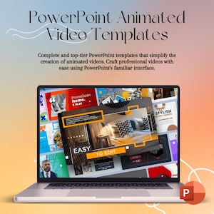 Op de afbeelding: Een laptopscherm waarop verschillende PowerPoint-sjablonen worden weergegeven voor het maken van geanimeerde video's. De sjablonen hebben kleurrijke ontwerpen en tekst, waaronder "Premium Items" en "Easy to Edit". Het Microsoft PowerPoint-logo is zichtbaar in de rechterbenedenhoek.