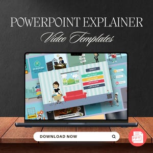 Könnte beinhalten: Ein Laptop-Bildschirm zeigt eine PowerPoint-Präsentation mit bunten Folien, auf denen Comicfiguren und Text zu sehen sind. Die Präsentation trägt den Titel "PowerPoint Explainer Video Templates". Der Bildschirm enthält auch einen Button mit der Aufschrift "Jetzt herunterladen".
