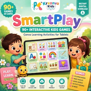 May include: A digital product advertisement for SmartPlay, featuring 90+ interactive kids games for tablets. The graphic displays a tablet screen with educational icons, a cartoon boy and girl, a bee character, and text detailing bonus content.