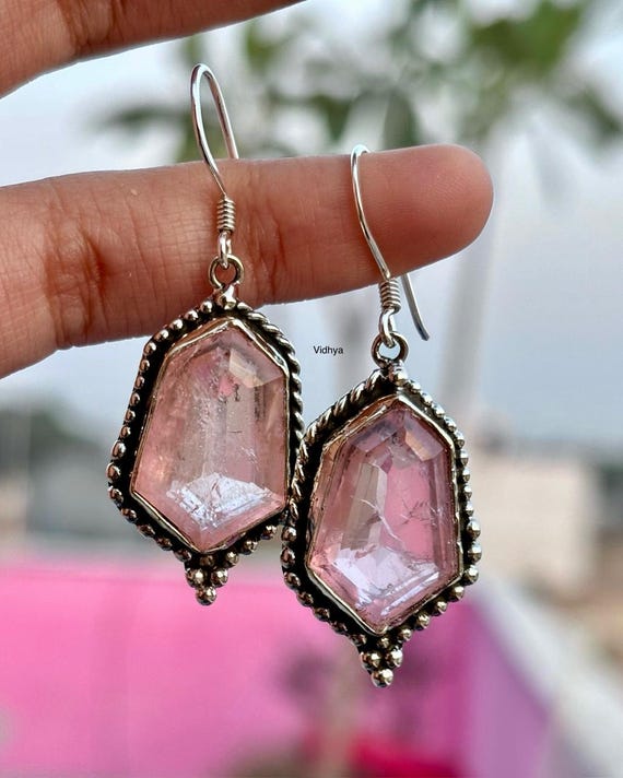 Multicolor Pink Topaz & Citrine Gemstone Drop Earrings – Silver Plated, Flower Shape, Dangle Style