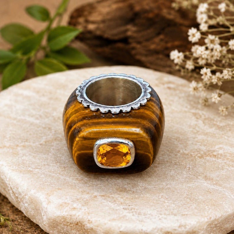Natural Tiger Eye Sterling Silver Ring With Lab Yellow Sapphire ...