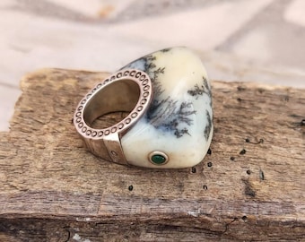 Natural Dendrite Opal Ring: Handmade 925 Sterling Silver Statement Jewelry
