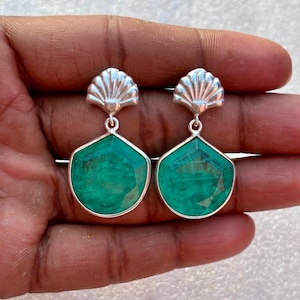 Green Emerald Silver Earrings, 925 Sterling Silver Drop Earring, Handmade Gemstone Jewelry, Emerald Earring, Women&#39;s Gift