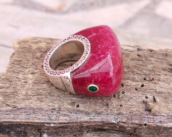 Handmade Natural Ruby Emerald Sterling Silver Ring, Ottoman Style Jewelry