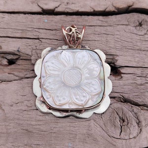 Mother of pearl shell pendant, flower shell pendant, Hand Carved MOP sea shell charm, shell sterling silver white MOP charm, Christmas Gift